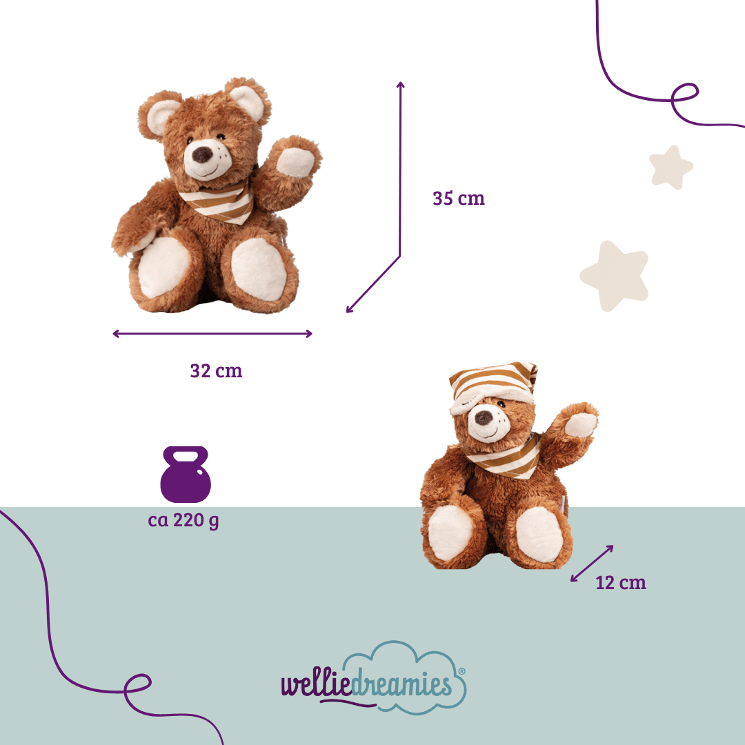 welliedreamies® Schlafbär mit Zirbefüllung, Maße Höhe 35 cm, Breite 32 cm und Länge 12 cm – Kuscheltier zur Beruhigung.