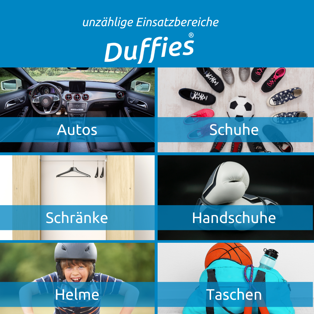 Anwendungsfelder Duffies Antigeruchskissen für Schuhe, Autos, Schränke, Handschuhe, Helme, Taschen